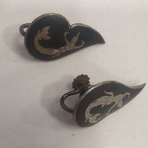 Vintage Alexx Co Made In Siam Black and Silver Enamel Scroll Clip Earrings